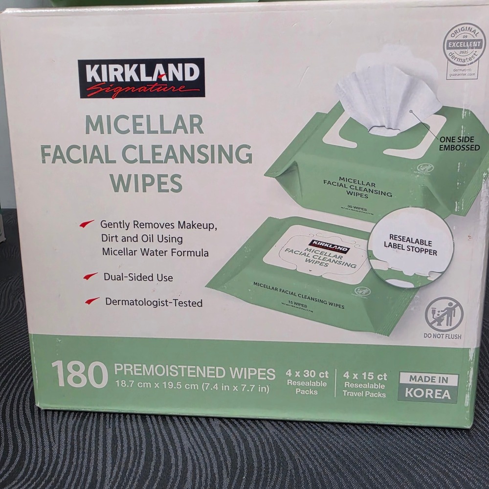 Kirkland Micellar Facial Cleansing Wipes 180ct Green 2 Sided Plus + Bonus Wipes